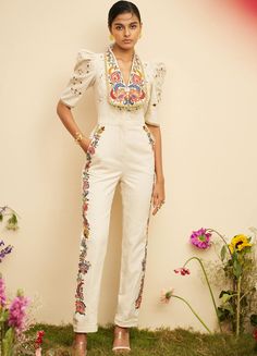 Editor's Note Featuring an ivory kala cotton embroidered, beadwork jumpsuit Color: Ivory Fabric: Kala cotton Component: Jumpsuit Occasion: Resort and daywear Care: Dry Clean Only   About the De... Celana Fashion, Trendy Outfits Indian, Ivory Fabric, Designer Jumpsuits, Party Wear Indian Dresses, Indian Wedding Outfits, Fashion Inspiration Design, Designer Dresses Indian, Embroidery Fashion