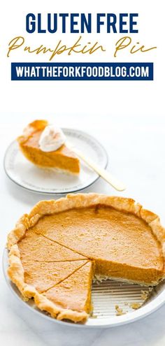 a slice of pumpkin pie on a plate with the text gluten free pumpkin pie