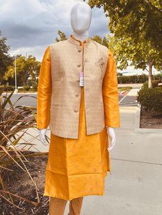 PLEASE NOTE - KURTA AND PAJAMA IS NOT INCLUDED, THE BUTTONS CAN BE DIFFERENT IN DESIGN, The jacket is made from handwoven silk material with integrate design and work. Jacket is light weight just like a feather with two pockets. Lining attached is premium silk material.  Item : Men's Jacket Ready to Wear : Yes Jacket Color : Gold Fabric : Silk (Handwoven) - Not Pure Silk  Pattern : Designer Lining : Yes  Measurements of the Jacket  Size - 36 Chest : 38 inches  Length :  27 inches  Size - 38 Ches Gold Blazer For Festive Wedding, Festive Gold Blazer For Wedding, Gold Suits For Winter Wedding, Gold Wedding Suits For Winter, Gold Nehru Jacket For Wedding, Gold Sherwani For Wedding, Winter Season, Gold Wedding Sherwani For Winter, Long Sleeve Outerwear For Wedding And Festivals, Long Sleeve Outerwear For Weddings And Festivals