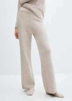 Straight knitted pants -  Women | Mango USA Knitted Trousers, Dress Over Pants, Cotton Pajama Pants, Flowy Shirt, Knee Length Shorts, Oversize Knit, Runway Trends, Oversized Knitted Sweaters, Linen Suit