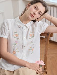 Emmy Floral Embroidery Button Front Shirt – Simple Retro Affordable Cute T-shirt With Floral Embroidery, Cute Cheap T-shirt With Floral Embroidery, Cheap Basic Embroidered Tops, Casual Short Sleeve Embroidered Top, Cheap Pink Tops With Floral Embroidery, Cheap Cotton Shirt With Machine Embroidery, Affordable Cotton Embroidered Short Sleeve Top, Cheap Relaxed Fit Shirt With Floral Embroidery, Cheap Embroidered Retro Tops