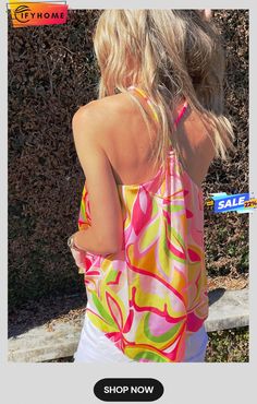 Pink Abstract Floral Print Knotted Halter Tank Top Glamour Outfit, Halter Tank Top, Tank Top Women, Halter Tank, Abstract Floral Print, Pink Abstract, Pink Tank Top, Top Women, Women Tops