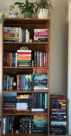 a book shelf filled with lots of books next to a potted plant