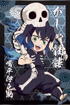 an anime character with a skull on her head and blue hair, sitting in front of a