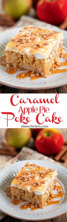 caramel apple poke cake on a plate with apples in the background and text overlay