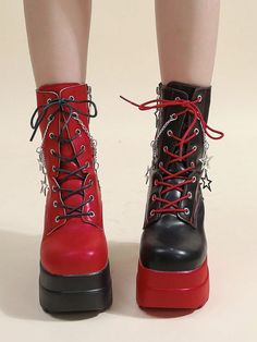 Streetwear Fashion Colorful, Colorful Punk Fashion, Red Punk Outfits, Red And Black Clothes, Black And Red Boots, Cute Red Outfits, Punk Rock Clothes, Red And Black Fashion, Alternative Boots