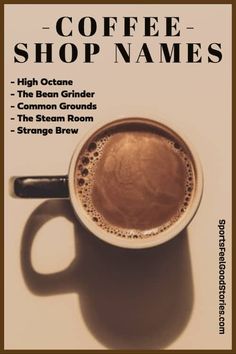 a cup of coffee sitting on top of a table next to a brown and white sign