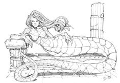 a drawing of a woman laying on top of a bed with a snake crawling over it