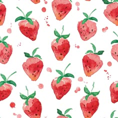 a watercolor painting of strawberries with green leaves and dots on a white background