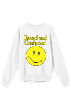 Stay cool and cozy in this awesome sweatshirt inspired by the classic 90s film! this fun sweatshirt has a big yellow smiley face and the movie logo in vibrant yellow on the front. this crewneck sweatshirt is made of a high-quality blend of cotton and polyester materials and is professionally printed to ensure long-lasting color and print quality. It can be machine washed in cold water with like colors, and tumble dried on low for easy and convenient care. The dazed & confused smiley face women's Casual Yellow Sweater With Graphic Print, Funny Winter Sweatshirt For Streetwear, Retro Yellow Sweatshirt For Winter, Funny Winter Streetwear Tops, Funny Graphic Print Sweatshirt For Winter, Funny Streetwear Sweatshirt For Fall, Fall Crew Neck Sweatshirt With Smiley Face, Trendy Yellow Sweatshirt With Letter Print, Fall Smiley Face Crew Neck Sweatshirt