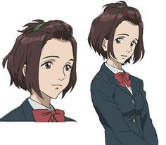 an anime character with brown hair and a red bow tie, standing next to another character