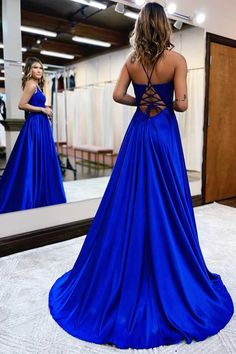 Satin Prom Dress Long, Formal Wedding Guests, A Line Evening Dress, Prom Dresses With Pockets, Spaghetti Strap Prom Dress, Dresses Formal Elegant, Blue Evening Dresses, Beaded Prom Dress, A Line Prom Dresses