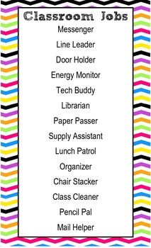 classroom jobs list with colorful stripes