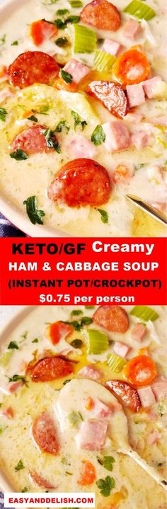 two pictures with different types of food in them and the words ketchup creamy ham & cabbage soup