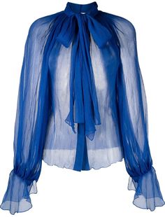 royal blue silk semi-sheer construction pussy-bow collar fully pleated concealed front fastening long sleeves flared cuffs flared hem Royal Blue Blouse, Date Outfits, Blue Silk, Sheer Blouse, Blue Blouse, Silk Top, Long Sleeve Crop Top, Silk Blouse, Puff Sleeves