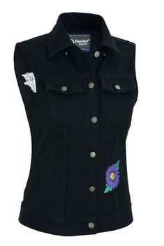 Daniel Smart -Women's Black Denim Snap Front Vest with Purple Daisy - DM945 Women's Denim Vests Virginia City Motorcycle Company Apparel Daisy Embroidery, Leather Motorcycle Gloves, Leather Store, Biker Vest, Purple Daisy, Biker Shirts, Smart Women, Leather Denim, Denim Material