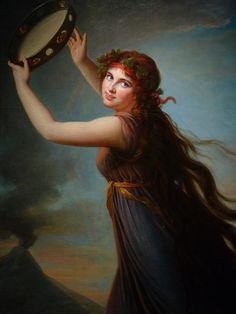 a painting of a woman holding a frisbee in her right hand and looking up at the sky