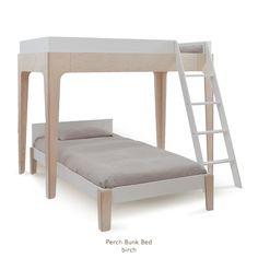 a white bunk bed with a ladder next to it and a mattress on the bottom