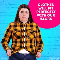 a woman with her hands on her hips wearing a yellow and black checkered shirt that says clothes will fit perfectly with our hacks