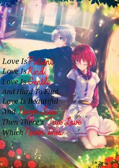 two anime characters sitting next to each other in front of a tree with the words love is