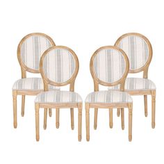 four chairs with striped upholstered backrests on each side and one in the middle