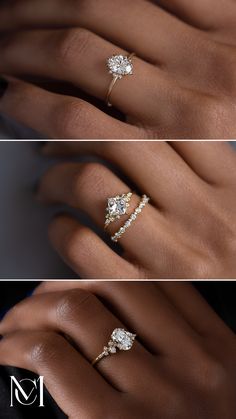 A three panel image showing a woman's hand wearing three different diamond engagement rings, the top with an oval cut diamond in a halo setting, the middle with a princess cut diamond accented by diamond clusters, and the bottom an oval cut diamond accented by scattered diamonds. Silver Bridal Rings, Single Diamond Engagement Ring With Band, Platinum Engagement Ring With Gold Band, Traditional Rings Engagement, Different Diamond Rings, Wedding Ring Set Women, Wedding Rings With Unique Bands, Small Simple Engagement Rings Vintage, Engagement Rings With Different Stones