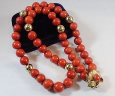 -Antique 14k Gold Ball with Natural Red Orange Coral Necklace -Total length: 10.5 in -Biggest bead size: 12 mm -Smallest bead size: 10 mm -Total weight: 80.9 g -Have some hairline cracks -The spacer ball and clasp are both tested 14k gold Luxury Red Coral Necklaces With Round Beads, Formal Single Strand Red Coral Necklace, Formal Yellow Gold Beaded Necklace, Formal Single Strand Red Coral Jewelry, Elegant Red Coral Round Necklace, Elegant Red Coral Necklace For Formal Occasions, Elegant Red Coral Necklace For Formal Events, Luxury Hand-strung Necklaces For Formal Events, Luxury Hand-strung Necklaces For Formal Occasions