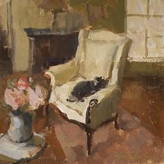 a painting of a cat laying on a chair next to a vase with flowers in it