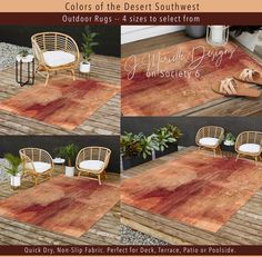 four photos of different chairs and rugs on a wooden deck with plants in the background