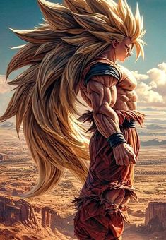 an anime character with long hair standing in the desert