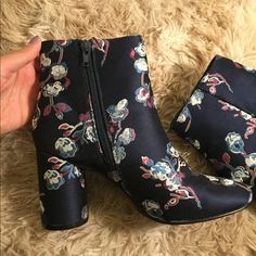 Pretty Floral Print Boots From Urban Outfitters! Blue Juliet Floral Ankle Boots Woven Jacquard Boot Blue Heels With Floral Print And Round Toe, Blue Floral Print Heels With Round Toe, Chic Blue Heels With Floral Print, Chic Blue Floral Print Heels, Urban Outfitters Boots, Floral Ankle Boots, Chunky Ankle Boots, Brown Boots Women, Print Boots