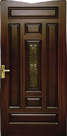 the front door is made of wood and has an intricate design on it's side panel