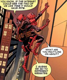 a comic strip with a spiderman hanging off the side of a building and talking to someone