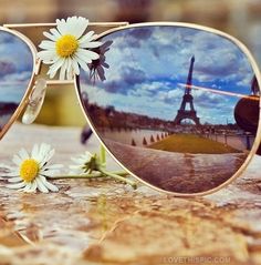 a pair of sunglasses with the eiffel tower in the background and daisies on the ground