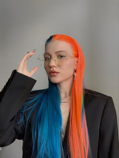 #hairstyles #haircolor #photoidea Half Blue Half Orange Hair, Orange And Blue Hair, Blonde And Blue Hair, Blue Hair Highlights, Pink Purple Hair, 90s Grunge Hair, Indie Scene