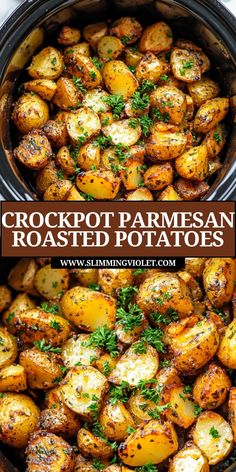 crockpot parmesan roasted potatoes in a slow cooker