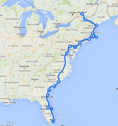 a map showing the route to washington, d c and new york with several destinations marked in blue