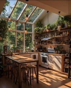 a kitchen filled with lots of wooden furniture and plants on the windows sills