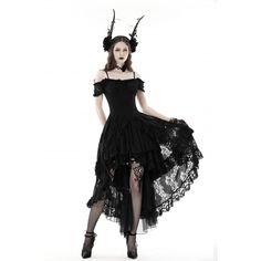 This gothic slip dress is off-shoulder and has short lace sleeves. The high-low hem is ruffled and layered lace patchwork. Lace-up on the back for adjustment. Super elastic fabric and slim fitted silhouette. 
 
Material: Nylon; Cotton; Rayon 
Weight: 0.6KG 
Size: XS-XXL 
SKU:?DW798 High Low Lace Dress, Green Hair Dye, The Fae, Dark In Love, Hair Color Crazy, Goth Clothing, Regency Dress, Hair Color Pink