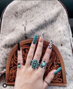 Boho Western Nails, Western Style Nails, Country Acrylic Nails, Boho Nails, Country Nails, Turquoise Nails