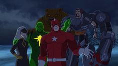 an animated group of superheros standing in the snow at night with their costumes on