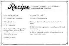 the recipe for homemade salsa is shown in black and white