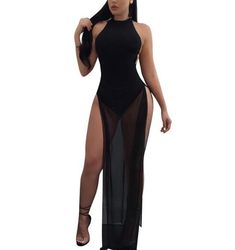 Mesh Patchwork maxi Halter Backless High Slit Sexy Dress With Bodysuit insert Clubwear Outfits, Black Mesh Dress, Sheer Maxi Dress, Bodysuit Dress, Trendy Swimwear, Long Bodycon Dress, Maxi Robes, 2017 Summer, Club Party