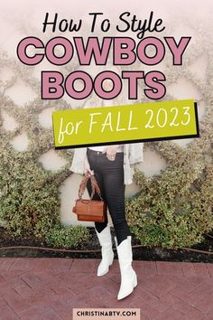 Step up your fall fashion game with stylish cowboy boots outfits. From pairing them with overalls and jeans for a casual and trendy look to adding a touch of glamour with glitter boots, there are endless possibilities to style these versatile boots. Whether you're heading to a festival, concert, or simply want to elevate your everyday style, cowboy boots are the perfect addition to your wardrobe. Tshirt Jeans Cowboy Boots Outfit, Cowboy Boot Jeans Outfit, Wide Leg Jeans And Cowboy Boots, White Cowboy Boots Outfit Winter, Fall Cowboy Boot Outfits, Outfits With Cowboy Boots For Women, Cowboy Boots And Jeans Outfit, Cowboy Boots And Leggings