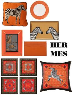 an assortment of decorative items including zebras, orange pillows, and framed pictures with the words here mes written on them