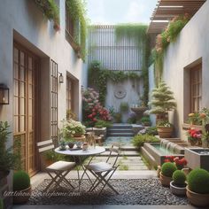 an outdoor courtyard with potted plants and tables