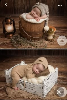 a newborn baby is sleeping in a wooden crate with his hat on and other items around him