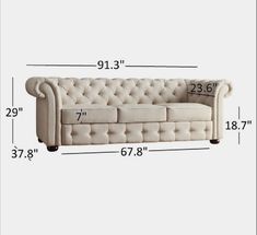 an image of a couch with measurements for the seat and back section in white fabric