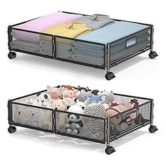 two storage bins with stuffed animals in them