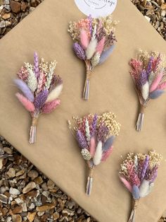 six dried flowers sitting on top of a piece of brown paper next to gravel and rocks